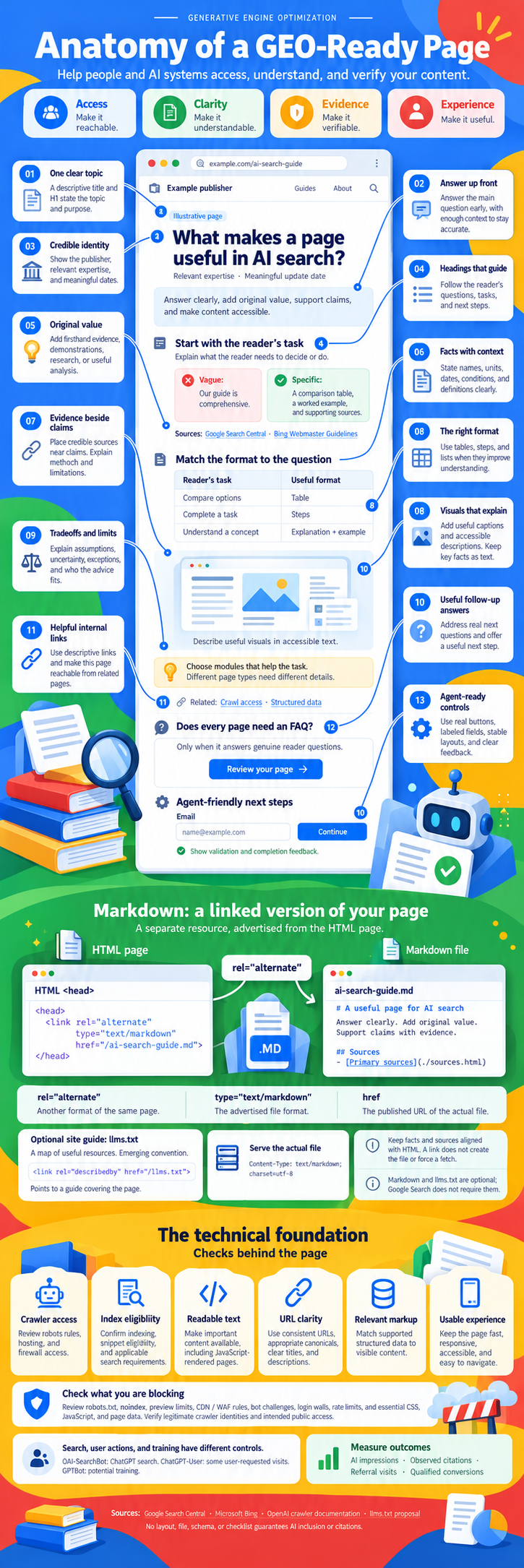 Infographic: Anatomy of a GEO-Ready Page. Four pillars (Access, Clarity, Evidence, Experience), an annotated example page showing 13 elements from one clear topic to agent-ready controls, a section on publishing a linked Markdown version with rel=alternate and llms.txt, and the technical foundation checks: crawler access, index eligibility, readable text, URL clarity, relevant markup, and usable experience.
