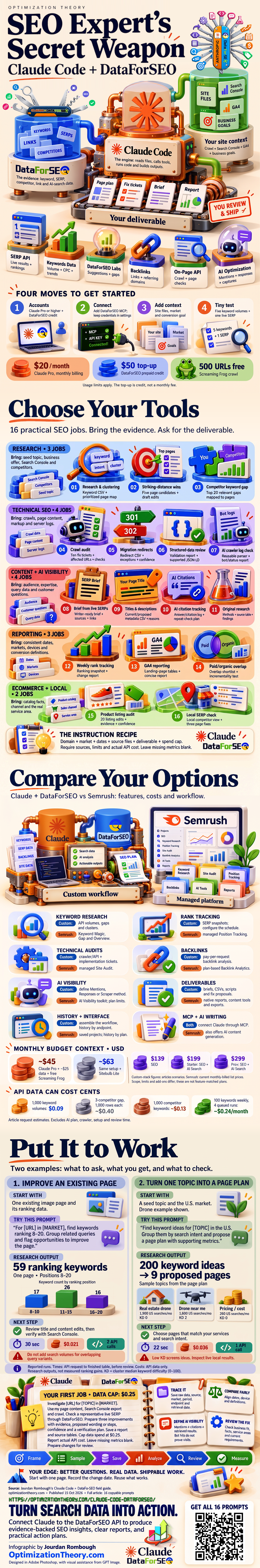 SEO Expert's Secret Weapon: Claude Code + DataForSEO infographic showing the setup, six DataForSEO APIs, four setup steps, two real runs and a first job prompt