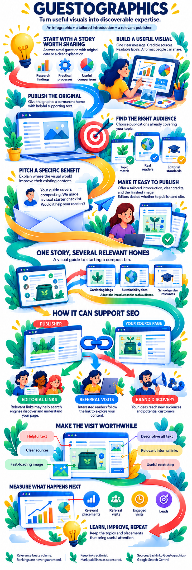 Guestographics infographic: start with a story worth sharing, build a useful visual, publish the original, find the right audience, pitch a specific benefit and make it easy to publish